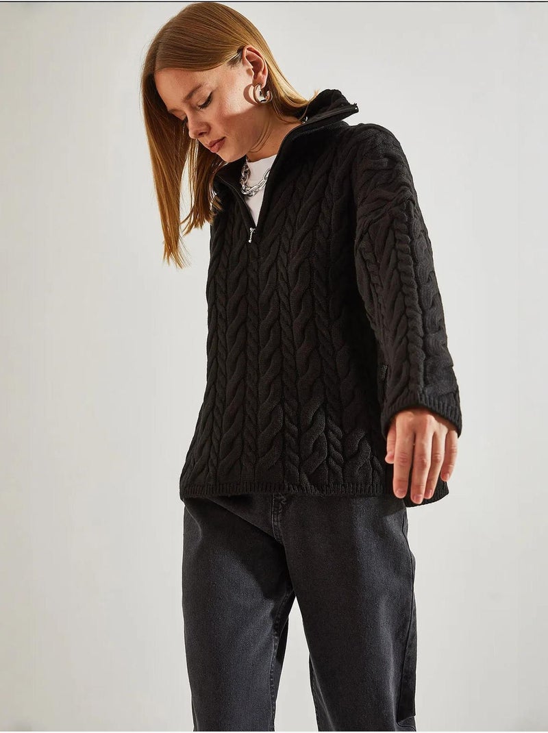 Pull en maille à col roulé et fermeture éclair à motifs bianco lucci Noir - Kiabi