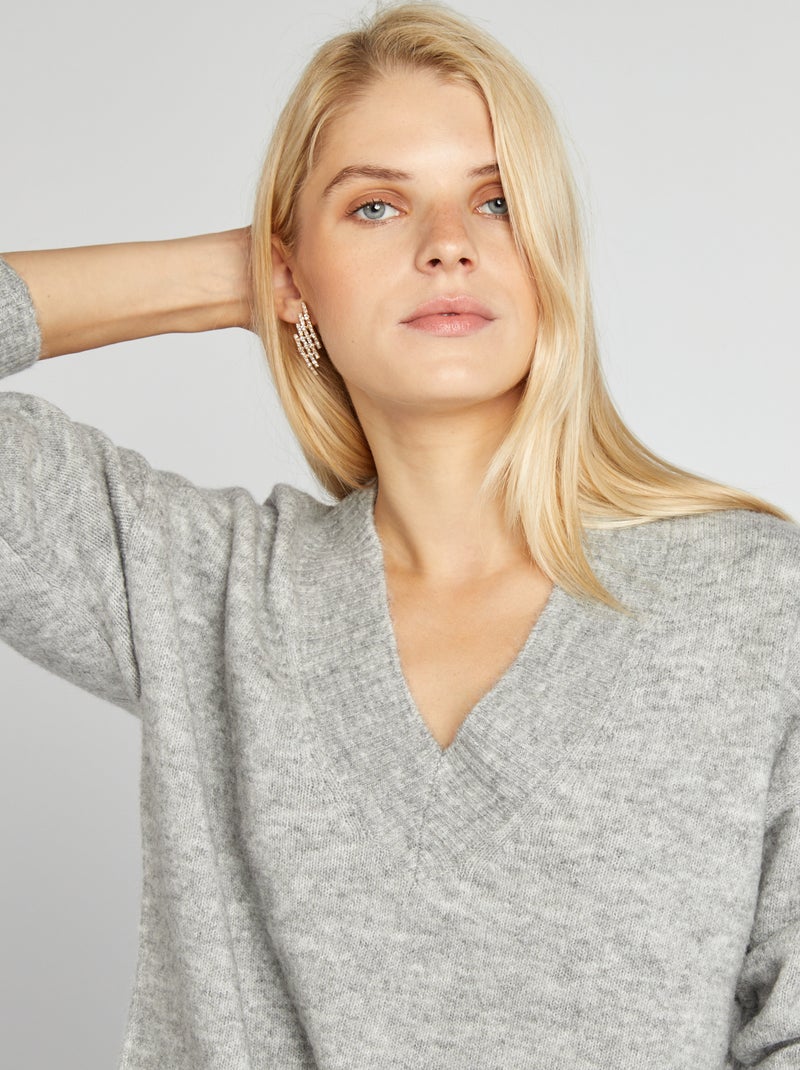 Pull en maille à col V Gris - Kiabi