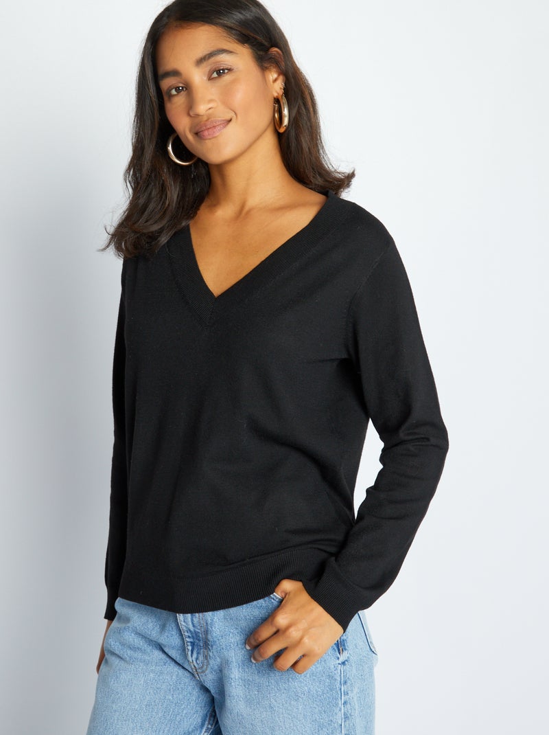 Pull en maille à col V noir - Kiabi