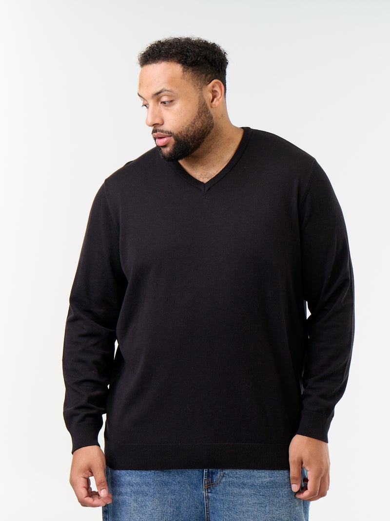 Pull en maille à col V Noir - Kiabi