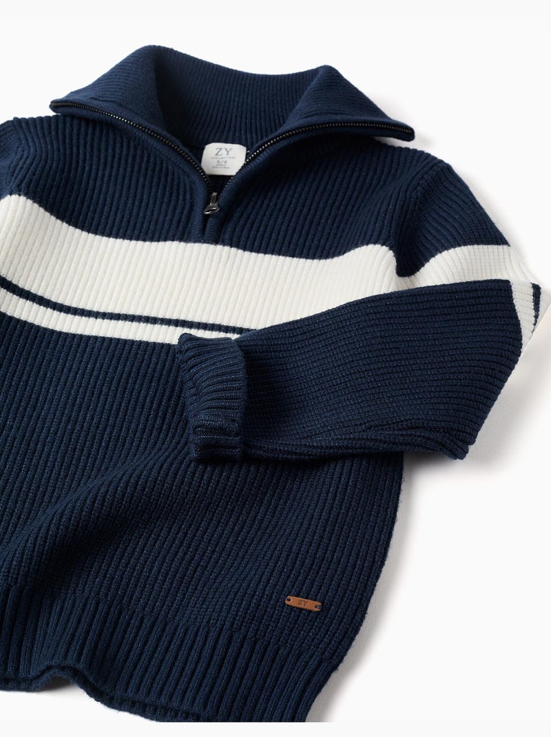 Pull en maille à col zippé à rayures Bleu foncé - Kiabi
