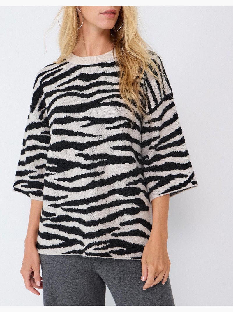 Pull en maille à imprimé animalier, mo fashion Ecru - Kiabi