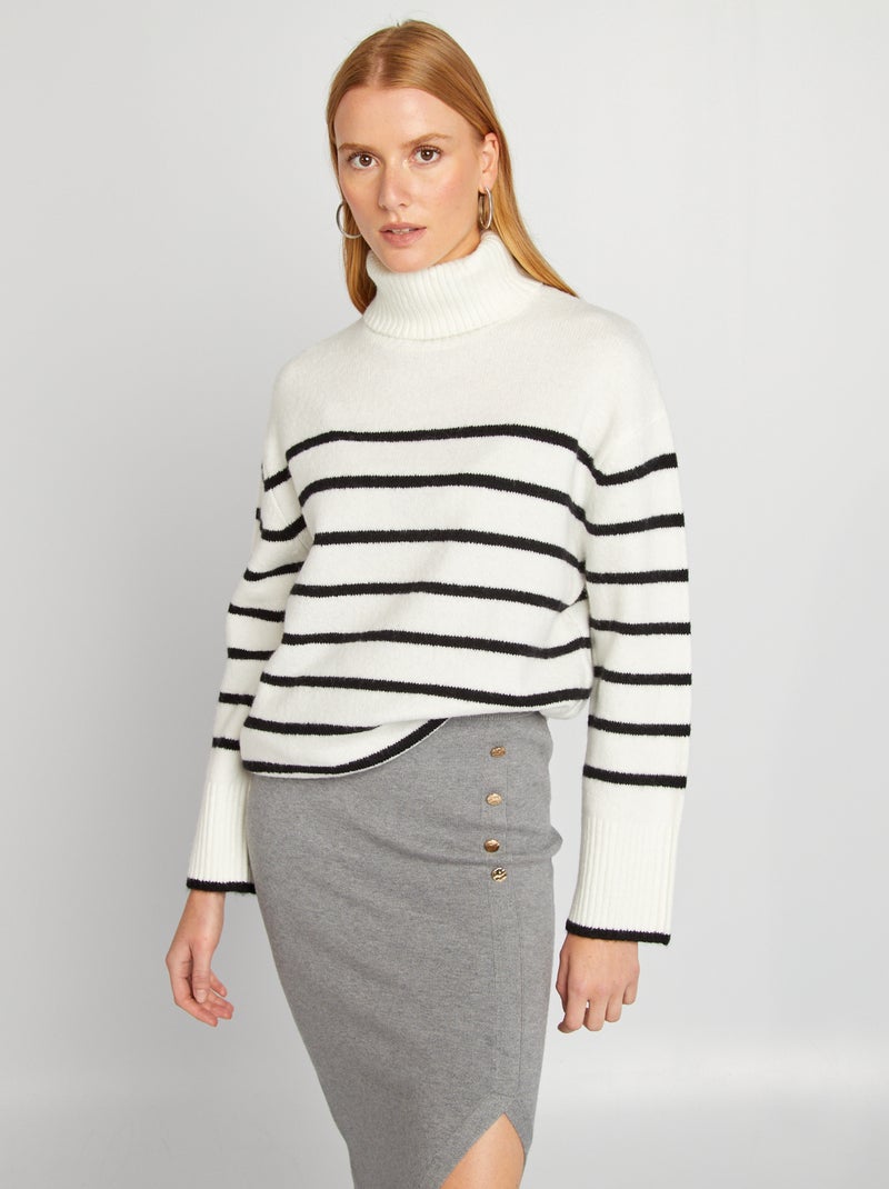 Pull en maille à rayures et col montant Blanc/noir - Kiabi