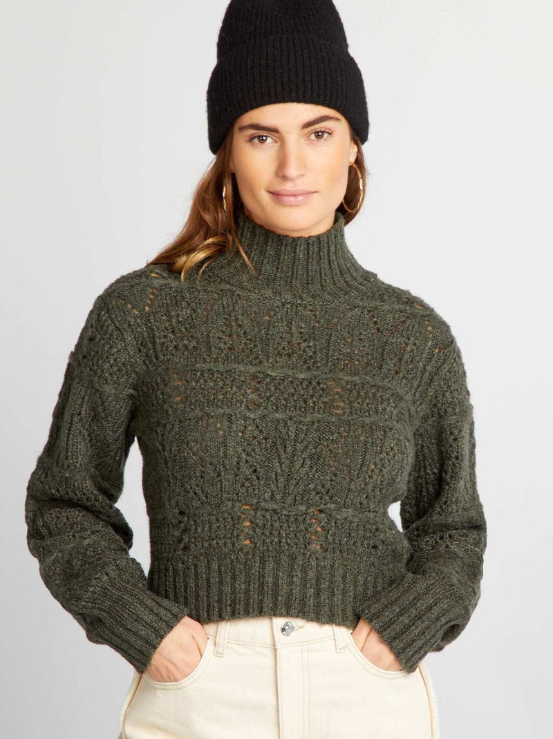 Pull en maille ajourée à col montant vert - Kiabi