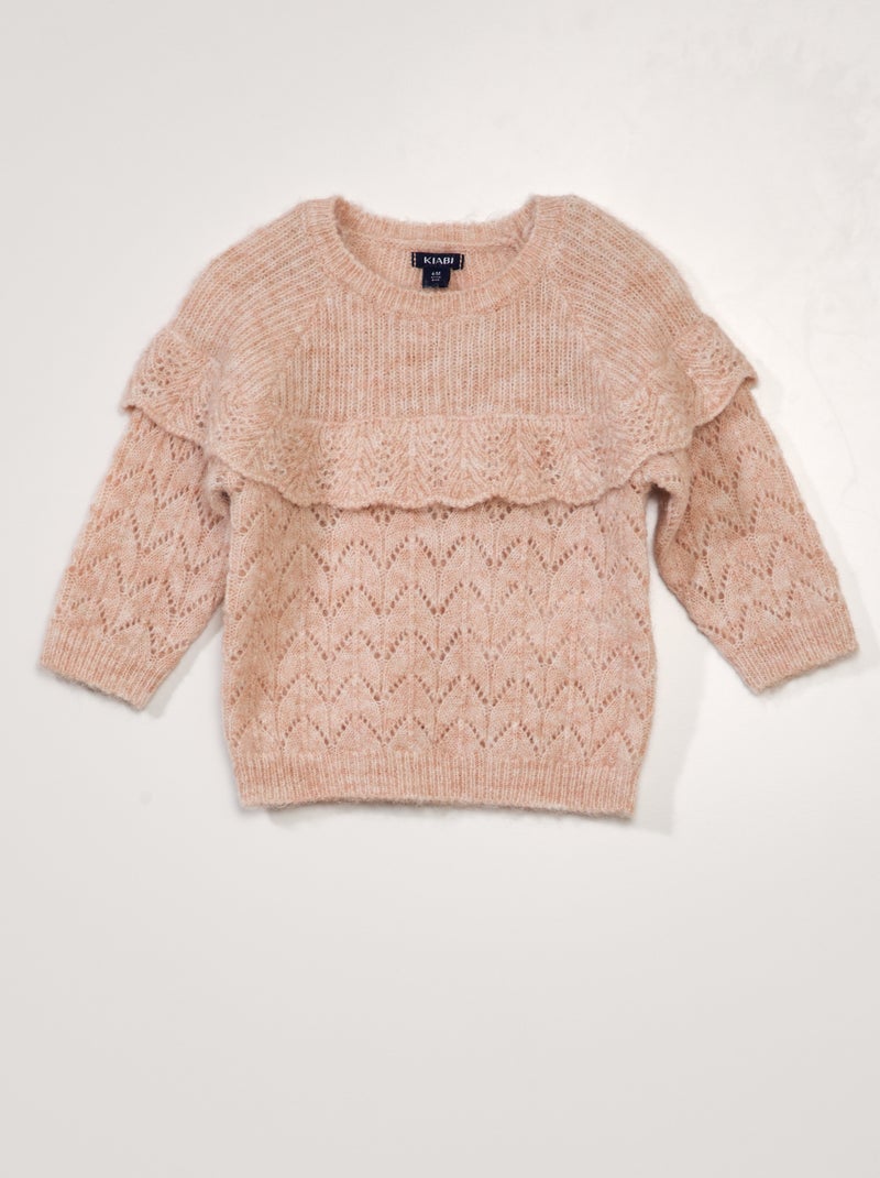 Pull en maille ajourée avec volant Rose - Kiabi
