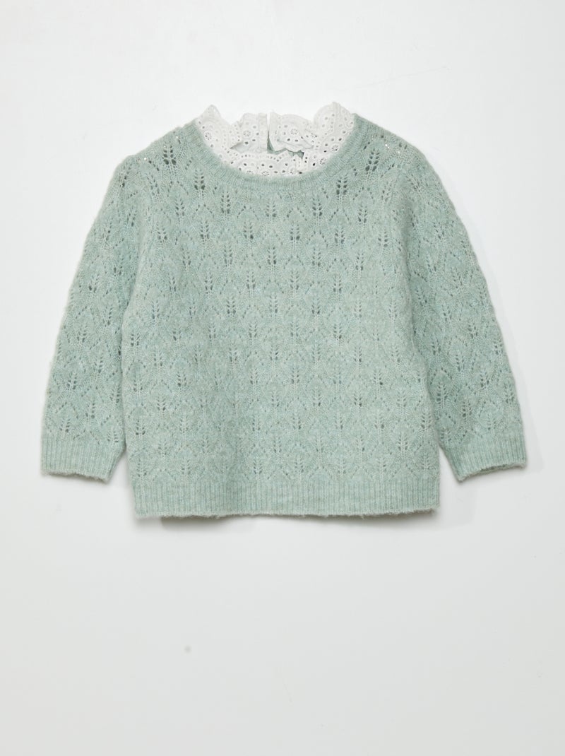 Pull en maille ajourée  + broderie anglaise Vert - Kiabi