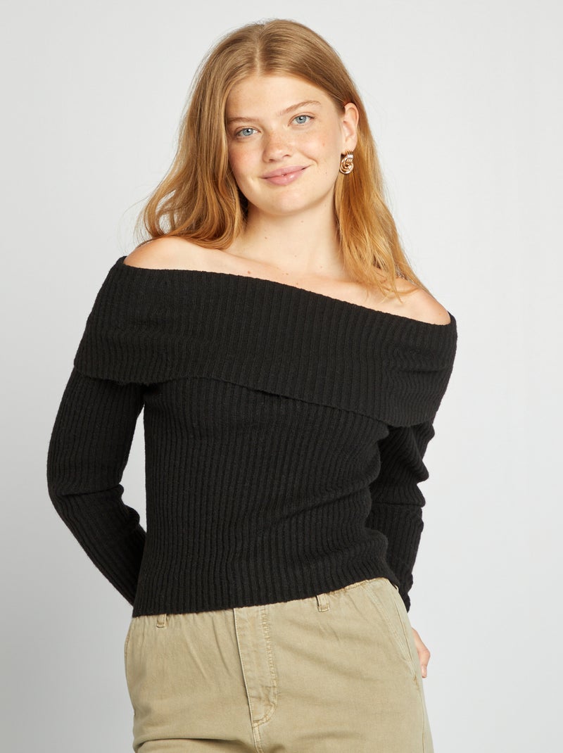 Pull en maille avec col bardot noir - Kiabi
