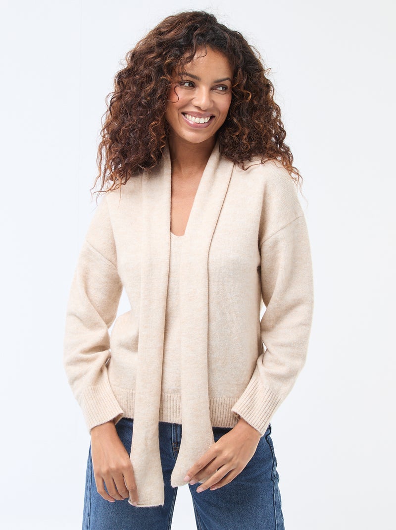 Pull en maille avec écharpe grosse jauge Beige - Kiabi
