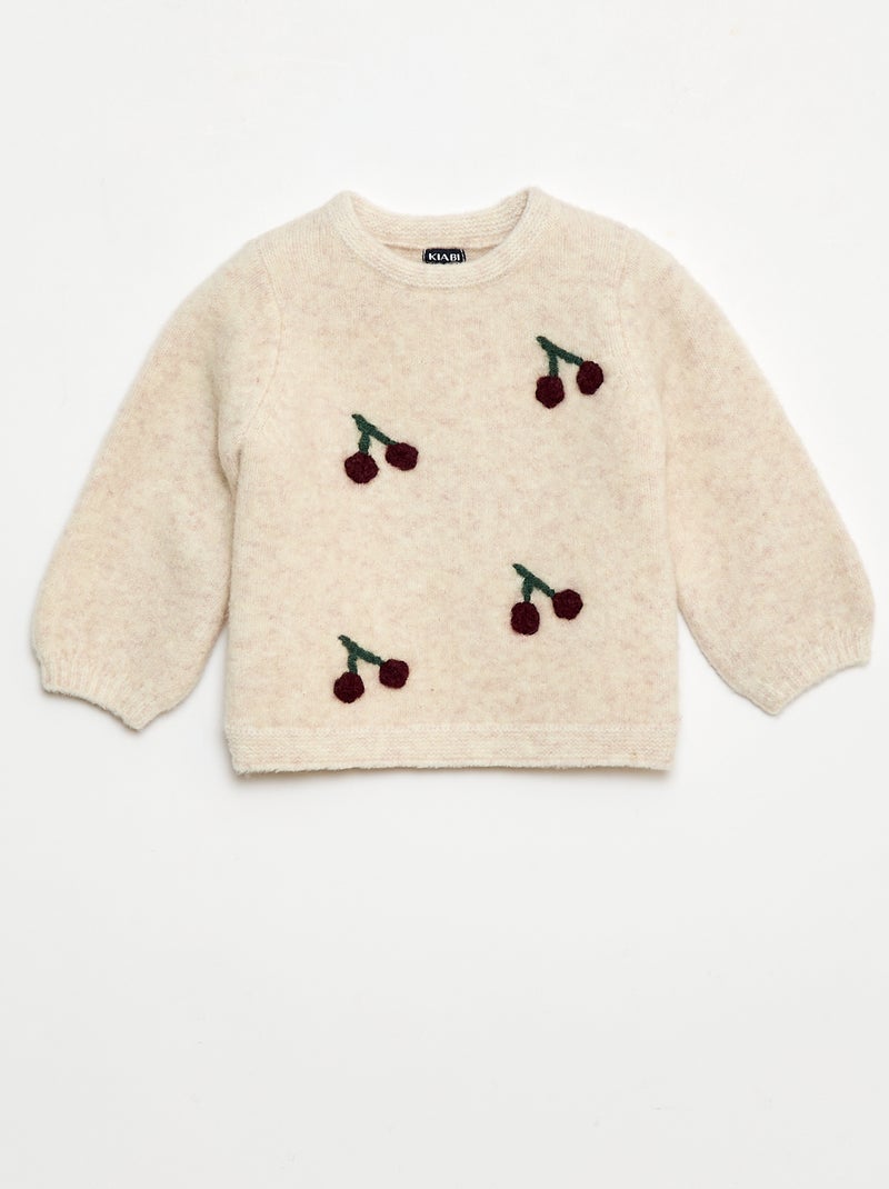 Pull en maille avec motif cerise en relief Beige - Kiabi