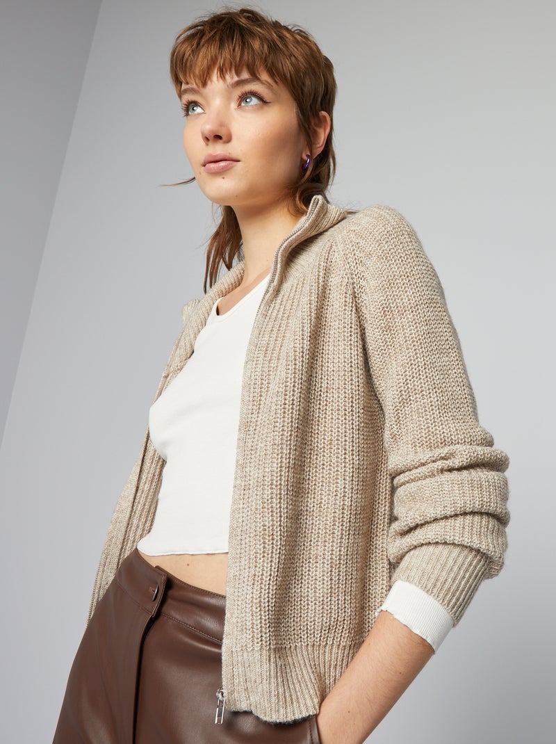 Pull en maille avec ouverture zippée Beige - Kiabi