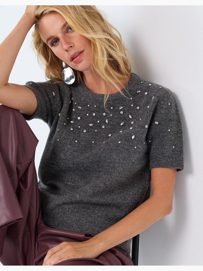 Pull en maille avec strass, mo fashion Gris - Kiabi