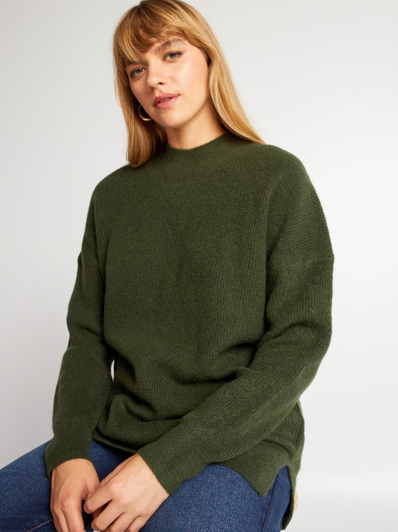 Pull en maille côtelée à col montant Vert Femme Kiabi