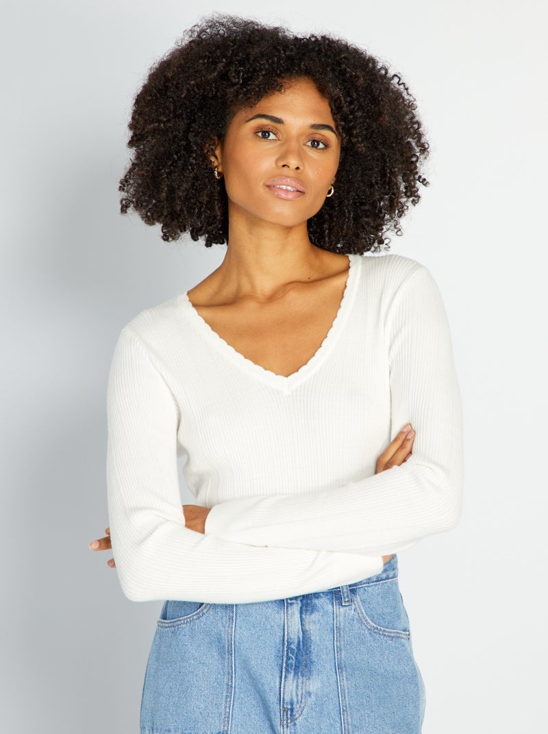 Pull en maille côtelée Blanc - Kiabi