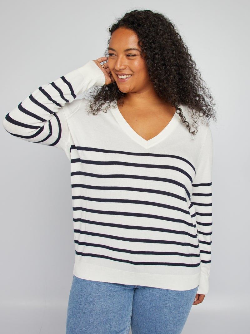 Pull en maille côtelée Blanc rayé - Kiabi