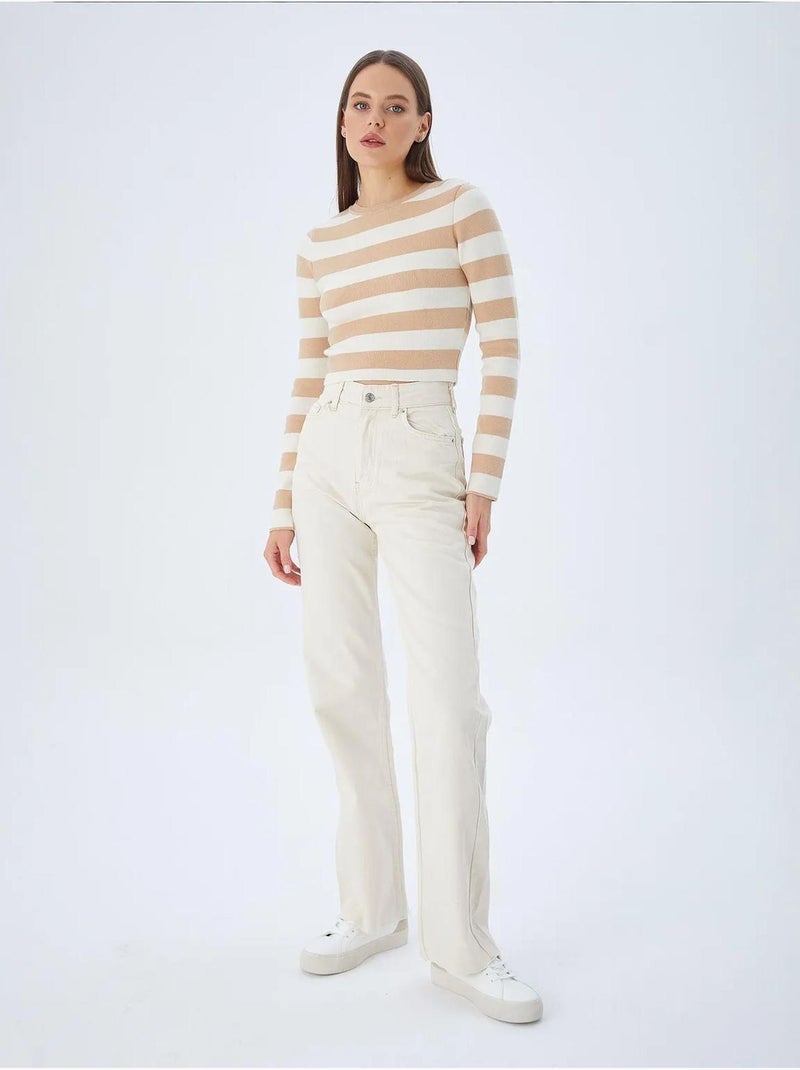 Pull en maille côtelée rayée mixray Grège - Kiabi