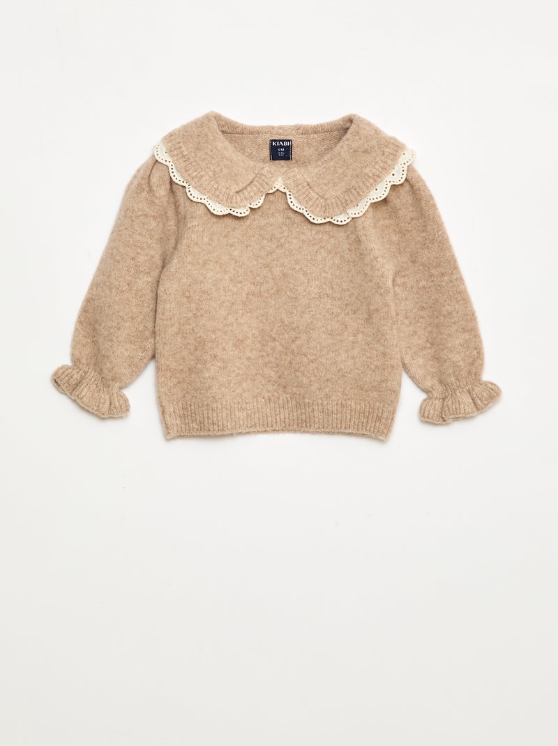 Pull en maille douce avec col brodé Beige - Kiabi