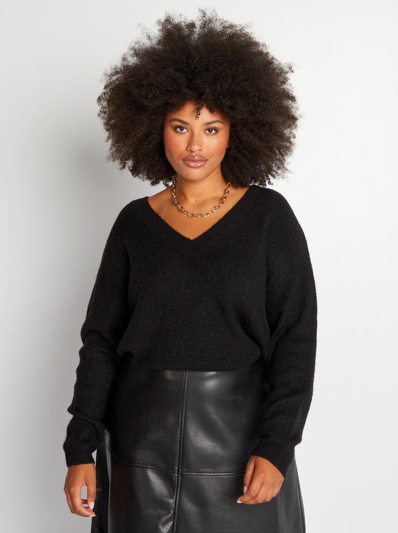 Pull en maille encolure V noir - Kiabi
