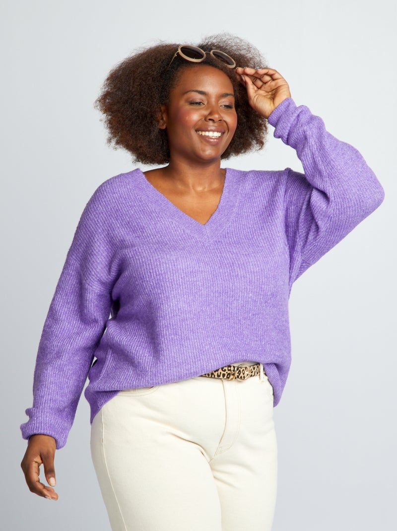 Pull en maille encolure V Violet - Kiabi