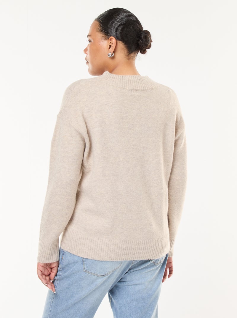 Pull en maille épaisse avec col V Beige - Kiabi