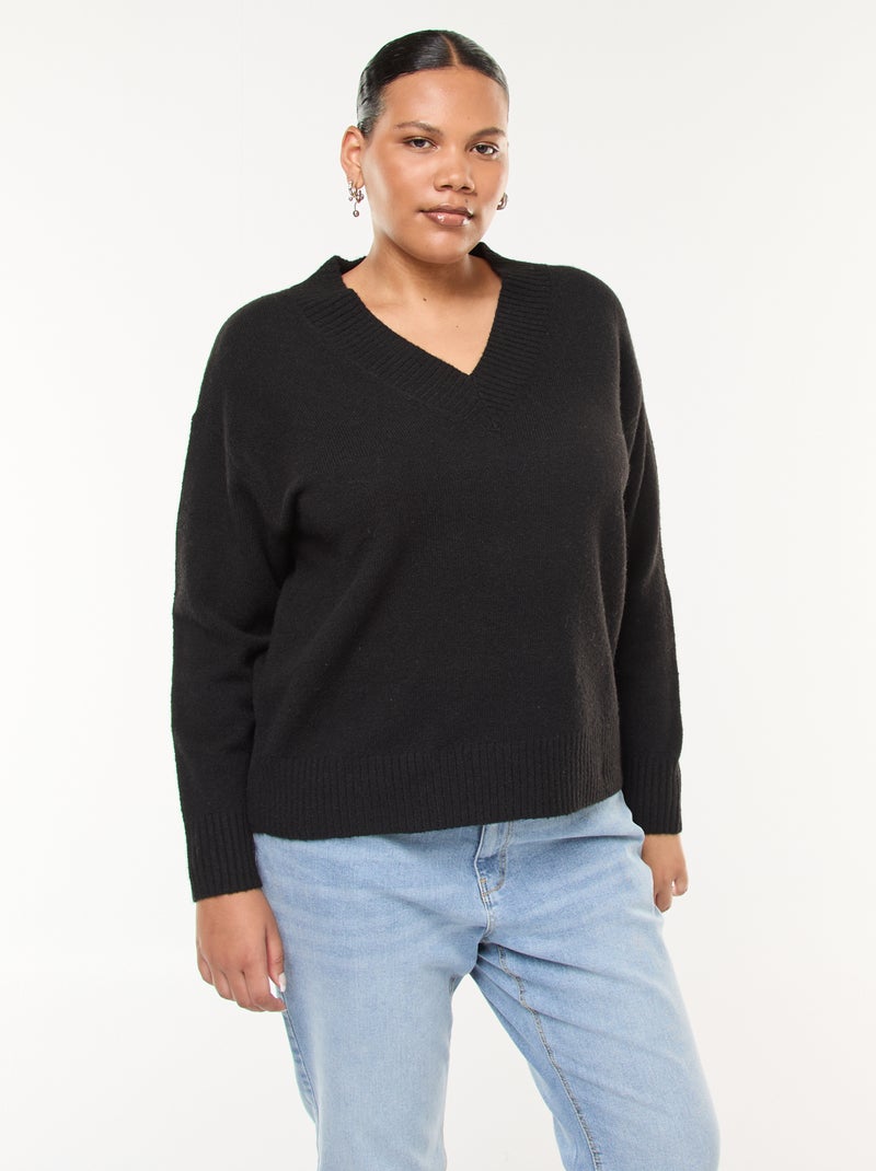 Pull en maille épaisse avec col V Noir - Kiabi