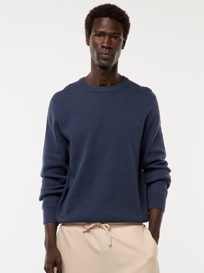 Pull en maille fantaisie à col rond Bleu - Kiabi