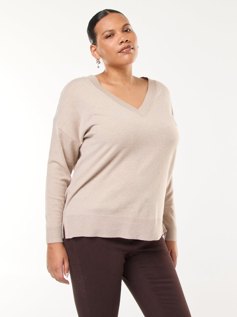 Pull en maille fine avec col V Beige - Kiabi