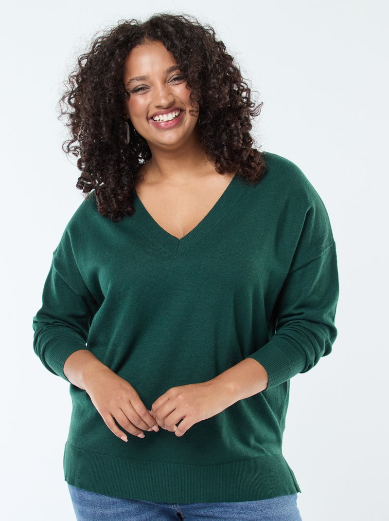 Pull en maille fine avec col V Vert - Kiabi