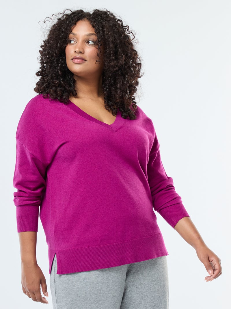 Pull en maille fine avec col V Violet - Kiabi