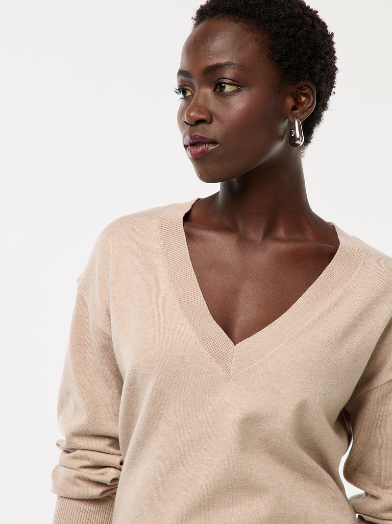 Pull en maille fine col V Beige - Kiabi