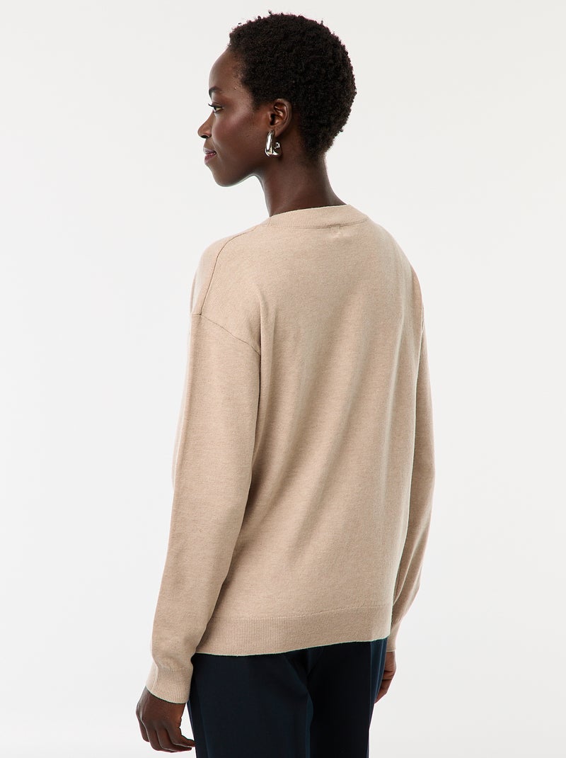 Pull en maille fine col V Beige - Kiabi