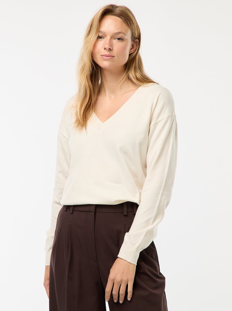 Pull en maille fine col V Blanc - Kiabi