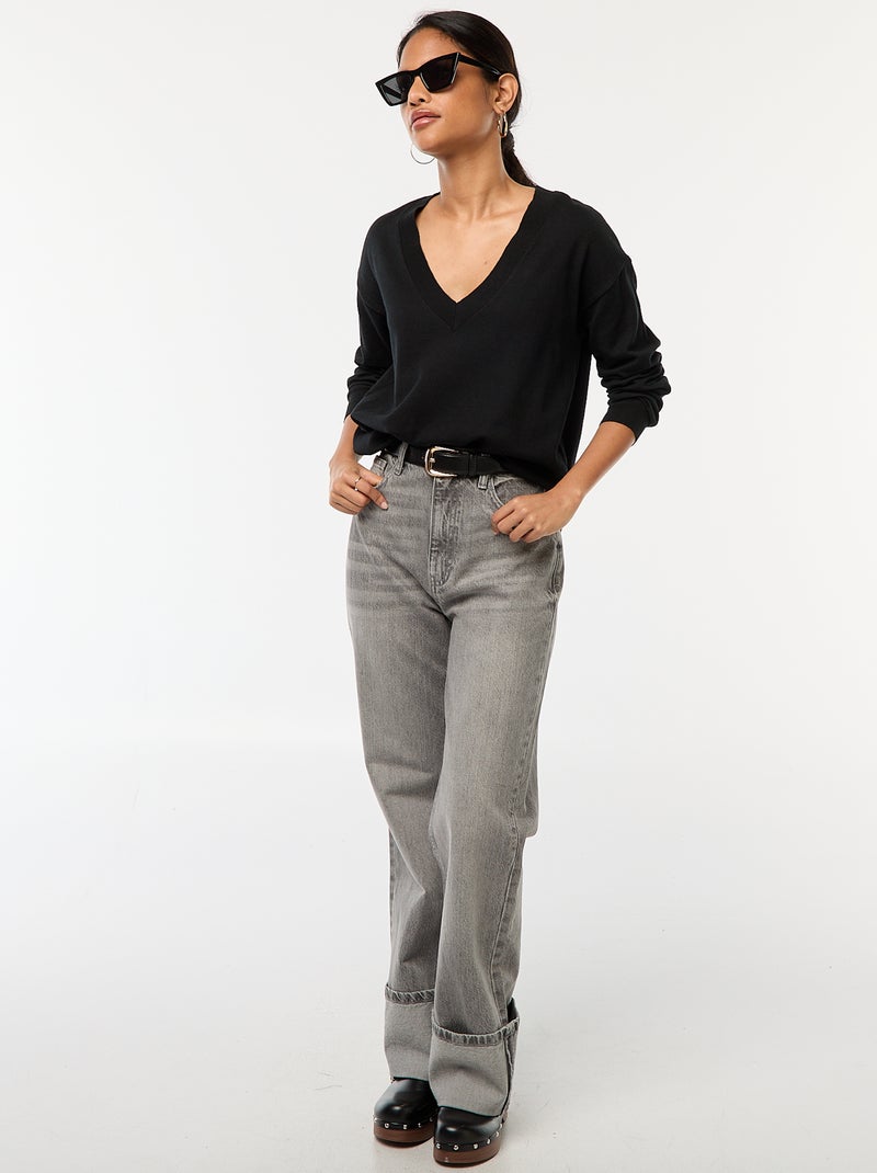 Pull en maille fine col V Noir - Kiabi