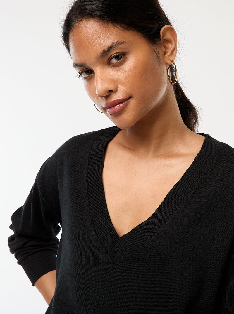 Pull en maille fine col V Noir - Kiabi
