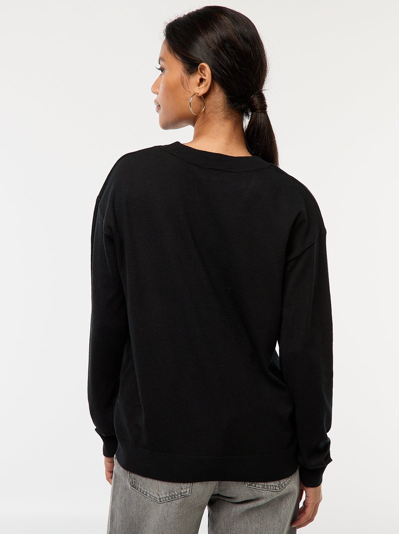 Pull en maille fine col V Noir - Kiabi