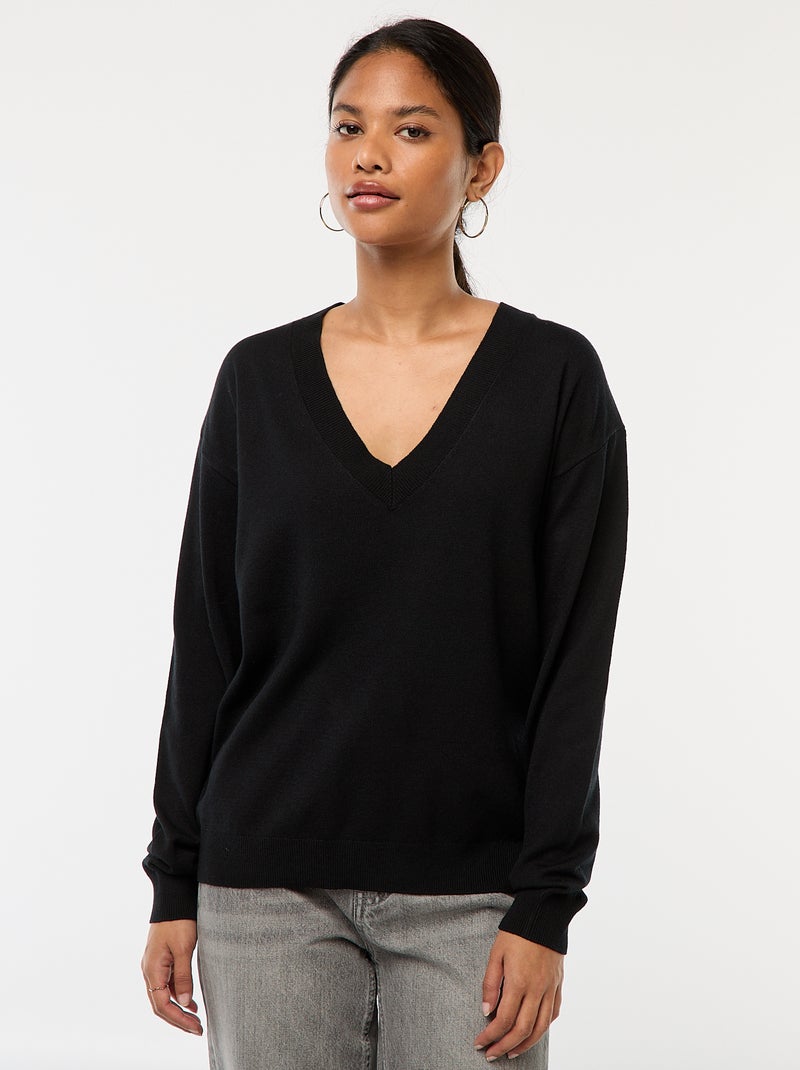 Pull en maille fine col V Noir - Kiabi