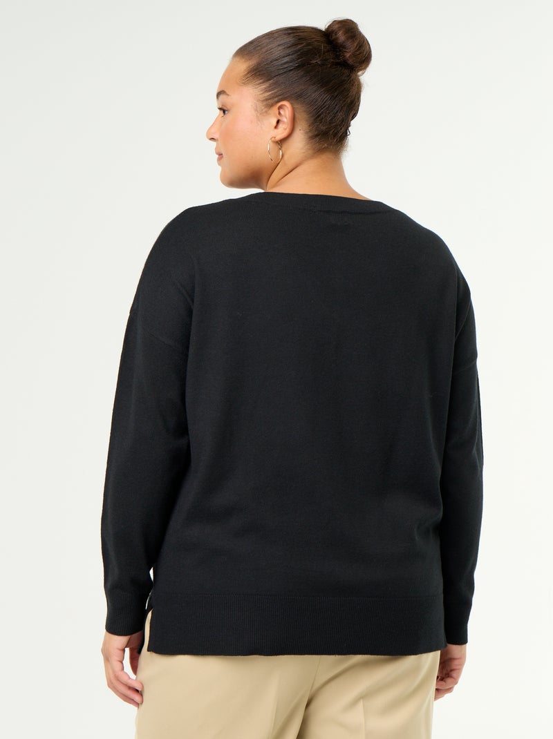 Pull en maille fine col V Noir - Kiabi