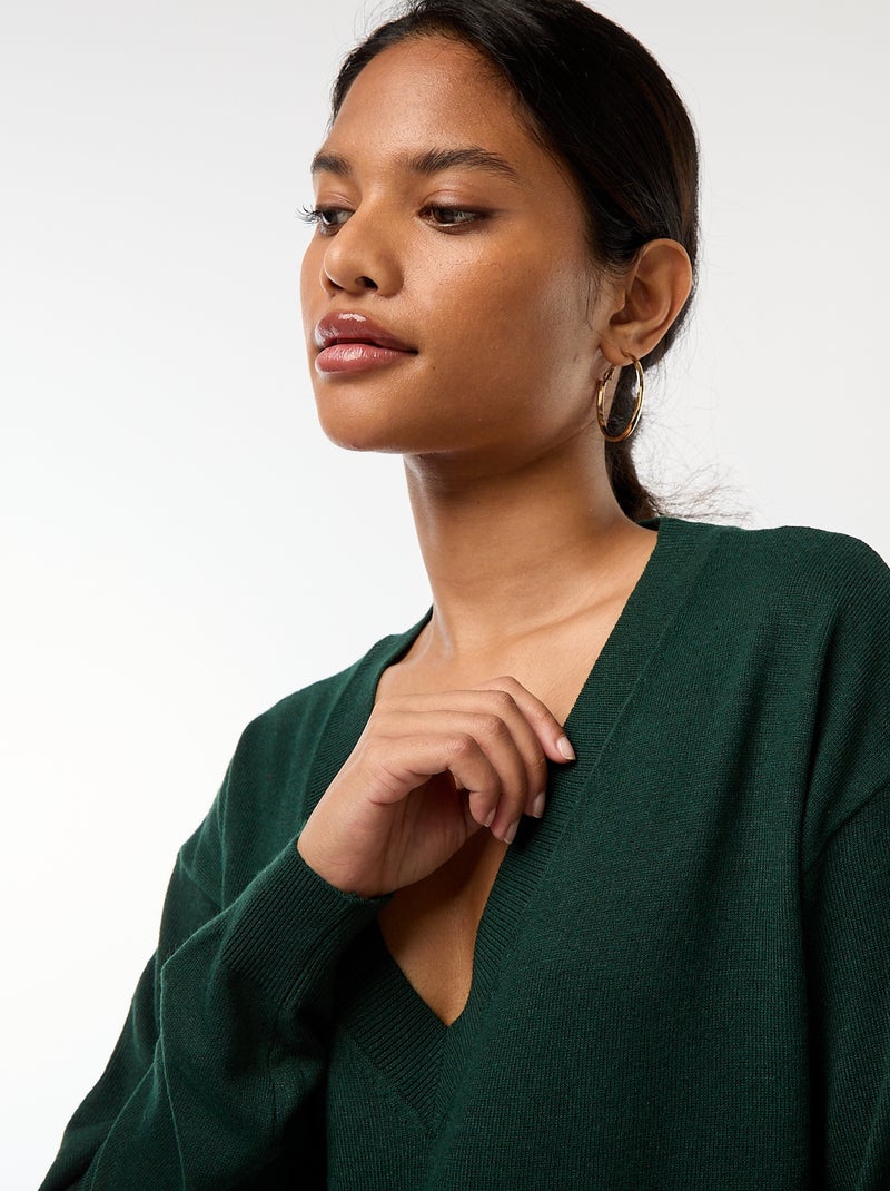 Pull en maille fine col V Vert - Kiabi
