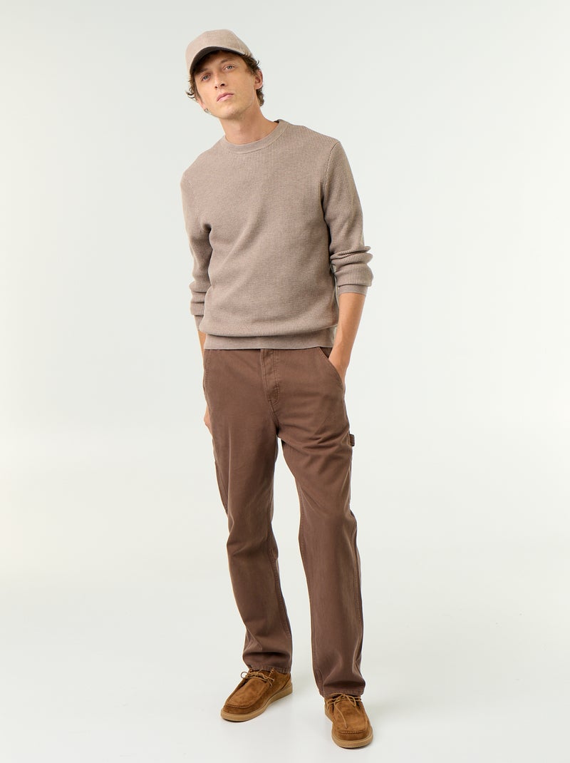Pull en maille gaufrée à col rond Beige - Kiabi