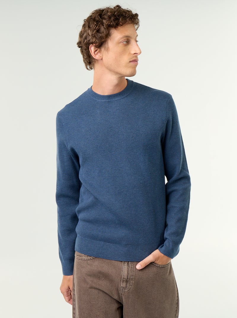 Pull en maille gaufrée à col rond Bleu - Kiabi