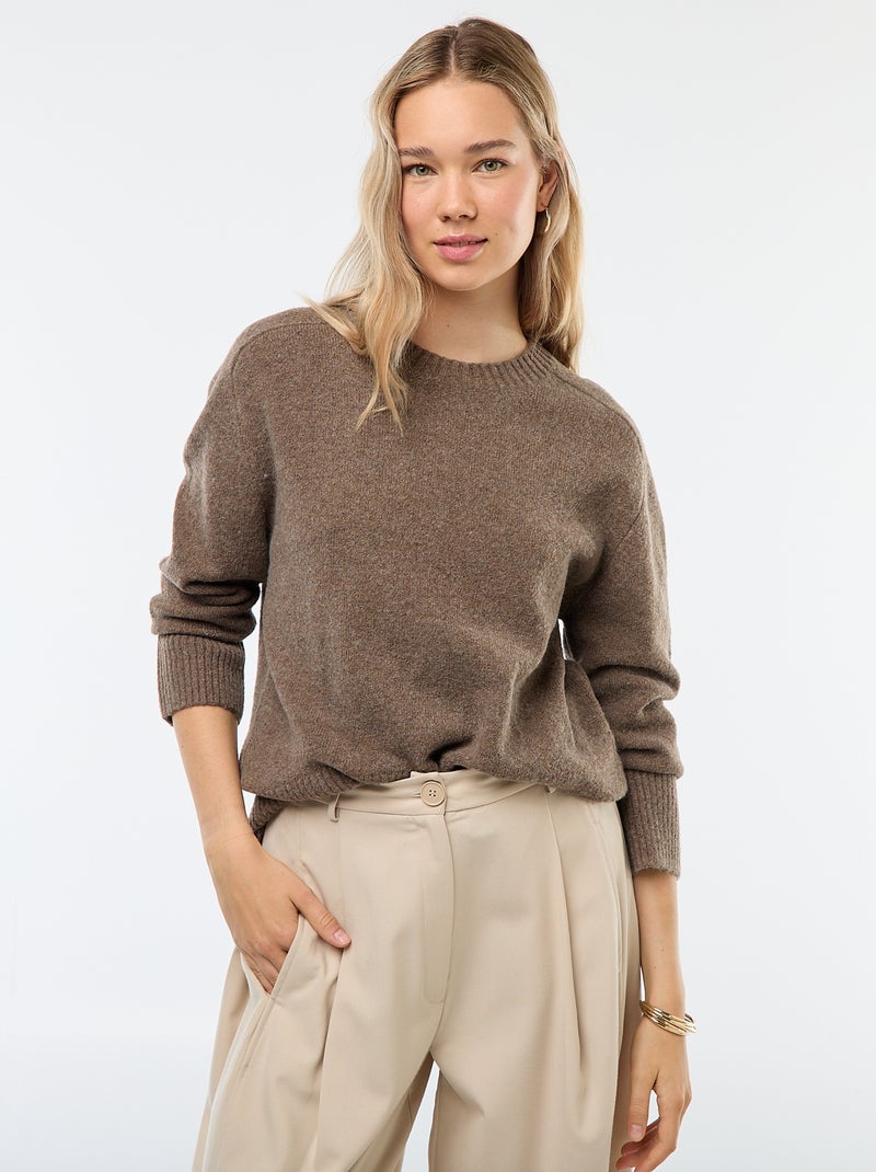 Pull en maille grosse jauge à col rond Marron Femme