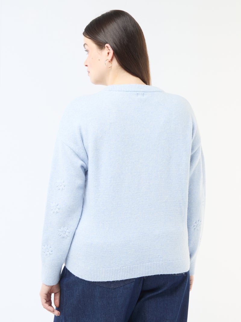 Pull en maille grosse jauge à manches longues avec broderies fleurs Bleu - Kiabi