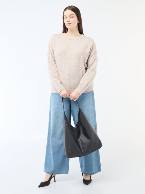 Pull en maille grosse jauge à manches longues avec broderies fleurs - Kiabi