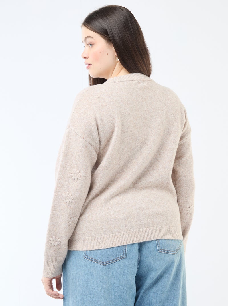 Pull en maille grosse jauge à manches longues avec broderies fleurs Marron - Kiabi