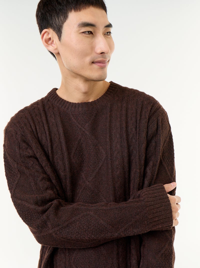 Pull en maille grosse jauge avec torsades Marron - Kiabi