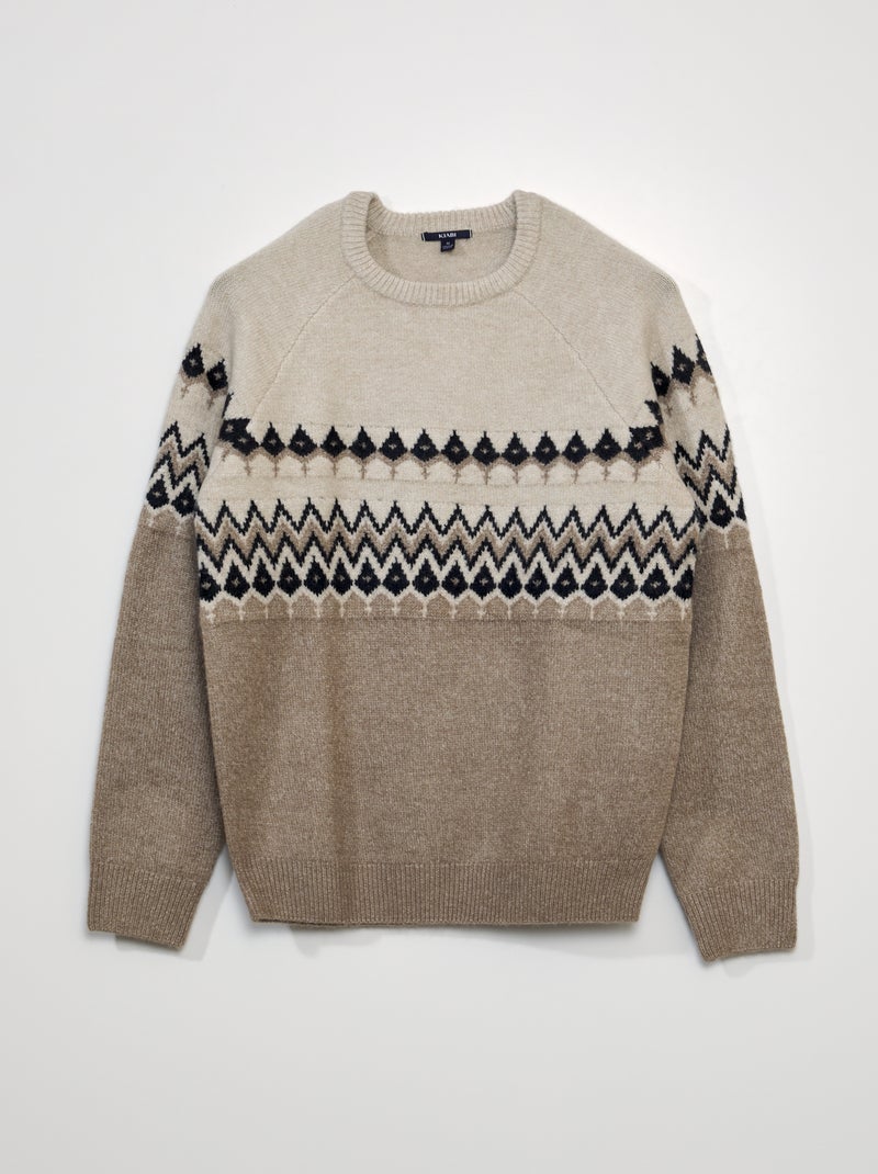 Pull en maille jacquard à col rond Beige - Kiabi