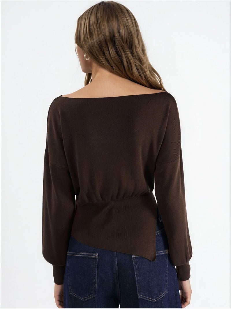 Pull en maille mi-épaisse à col bateau hiccup Marron foncé - Kiabi