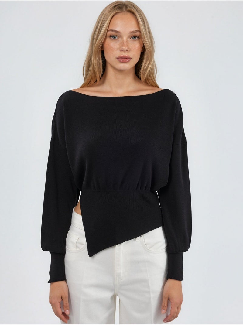 Pull en maille mi-épaisse à col bateau hiccup Noir - Kiabi