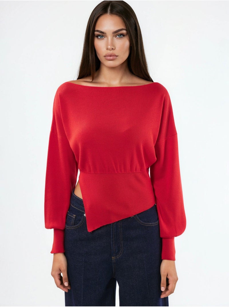 Pull en maille mi-épaisse à col bateau hiccup Rouge - Kiabi