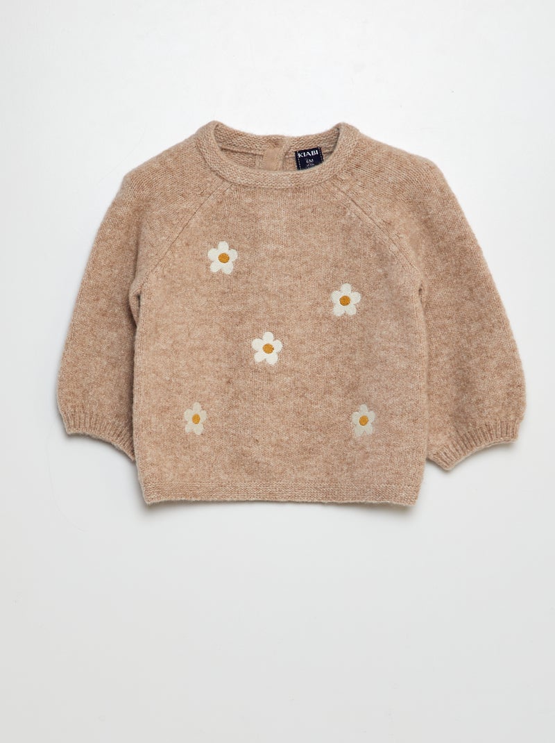 Pull en maille mousseuse avec broderies Beige - Kiabi