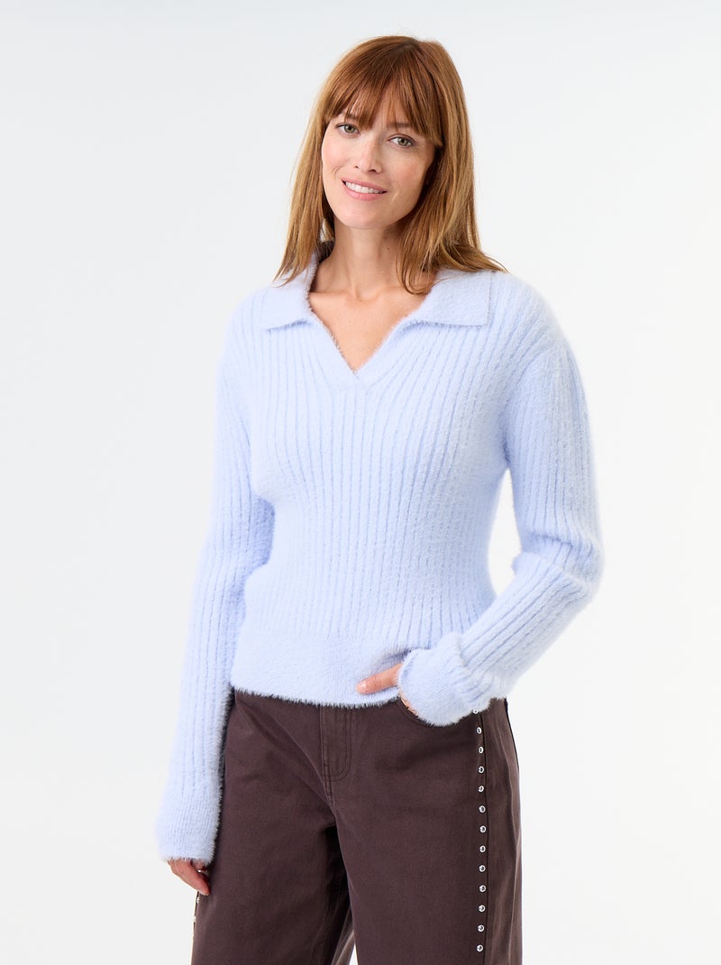 Pull en maille poilue avec col polo Bleu - Kiabi